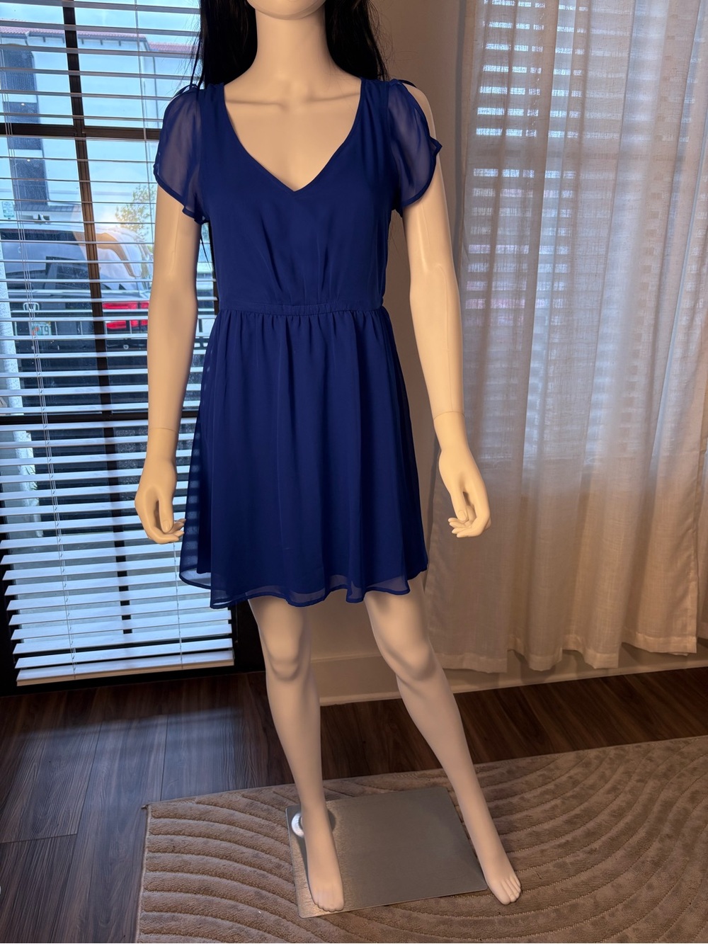 Express Royal Blue Chiffon Flutter Sleeve Dress | Size S